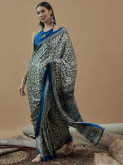 Off White Blue Block Print Crepe Saree - The Dori Store