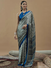 Off White Blue Block Print Crepe Saree - The Dori Store