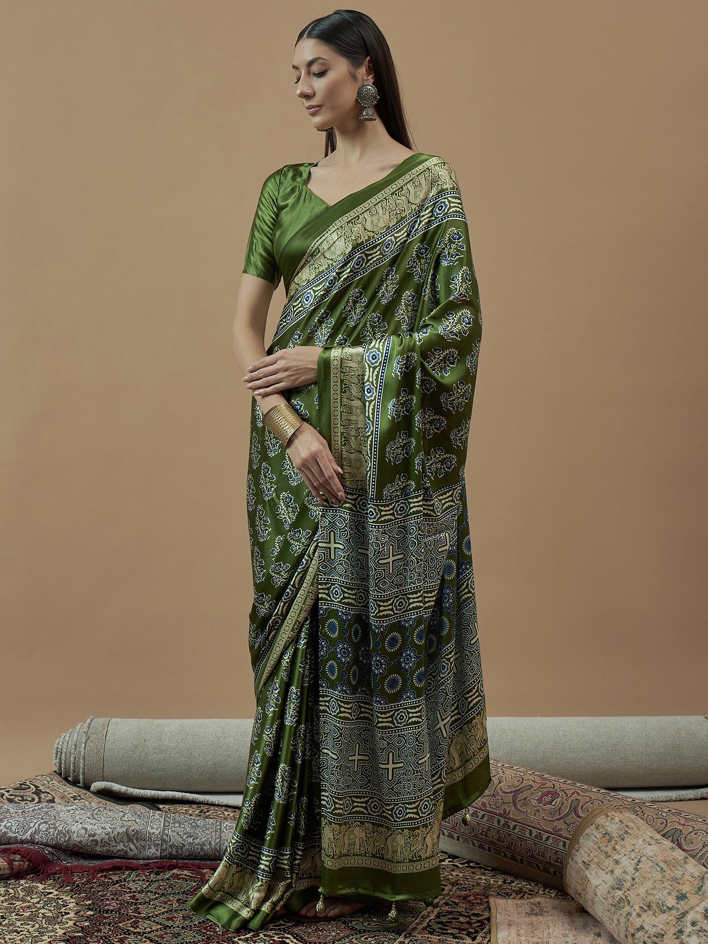 Green Block Print Pure Crepe Printed Saree