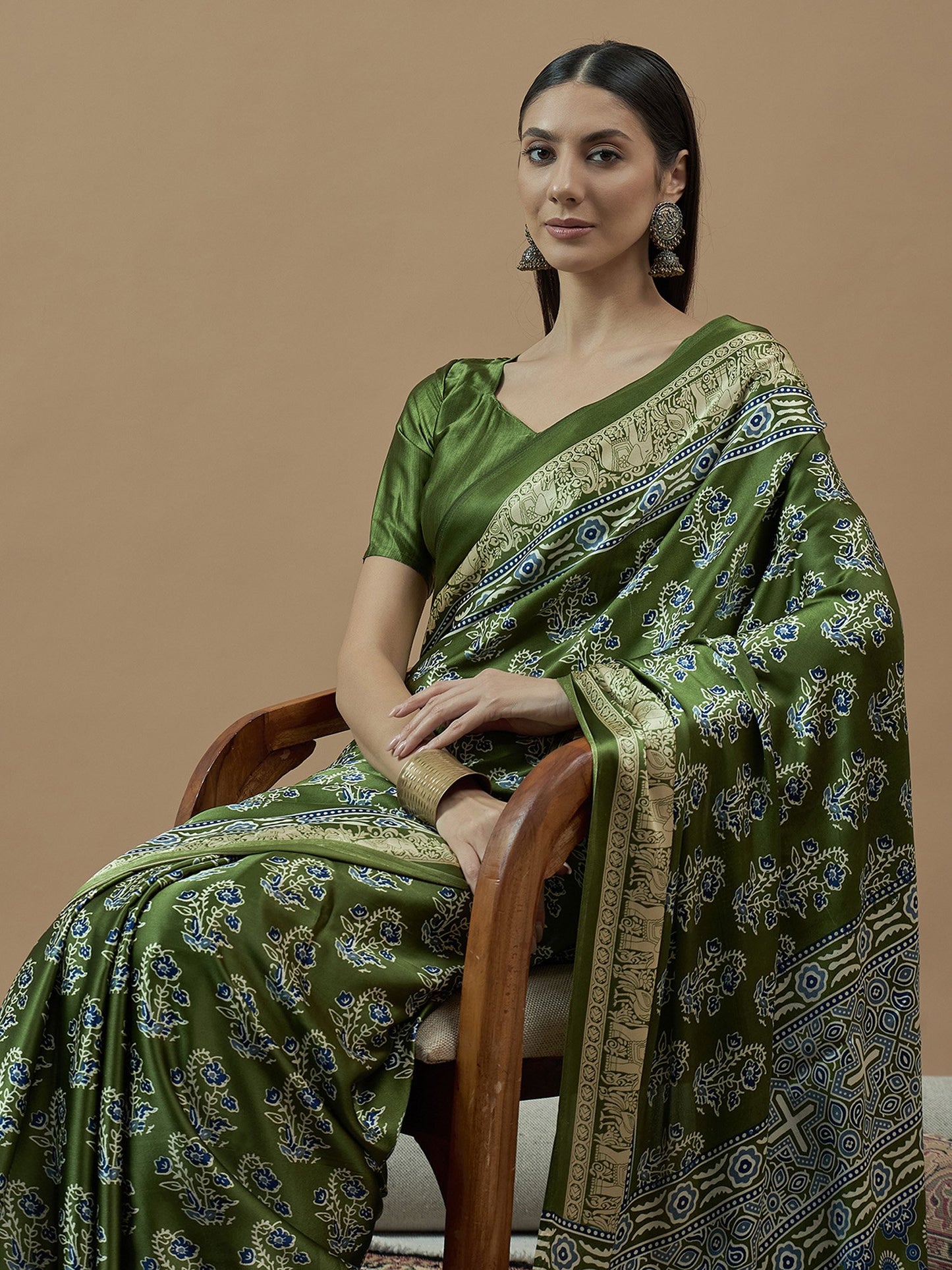 Green Block Print Pure Crepe Printed Saree