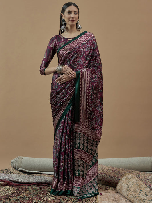 Purple Magenta Block Print Pure Crepe Printed Saree