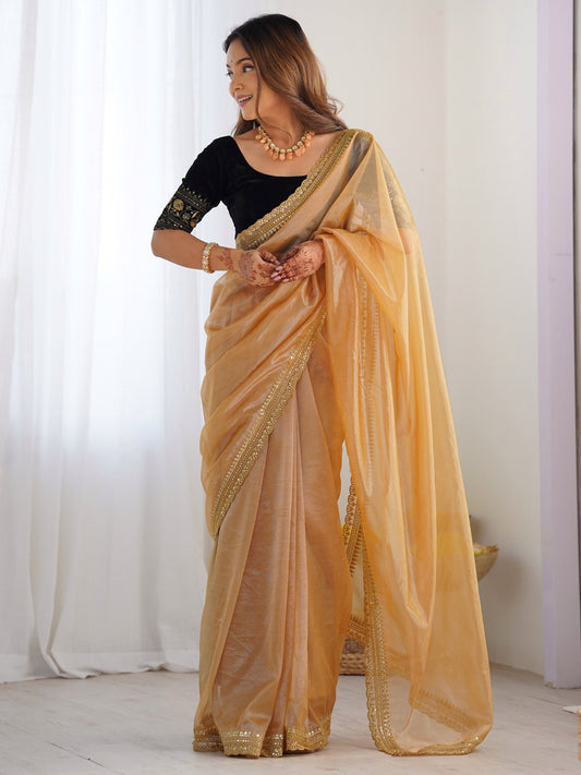 Golden Gold Party Wear Net Embellished Saree