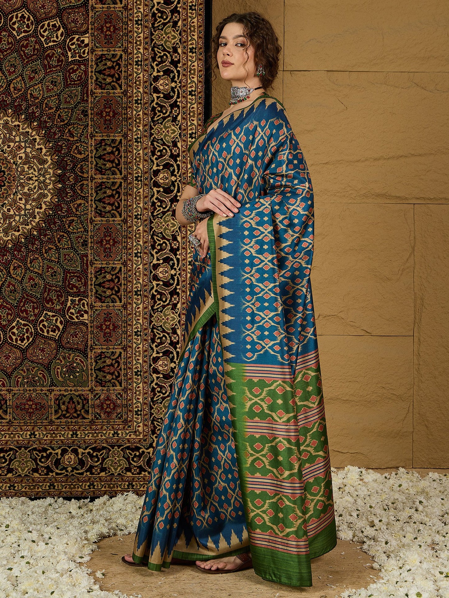 Navy Bagru Silk Blend Printed Saree