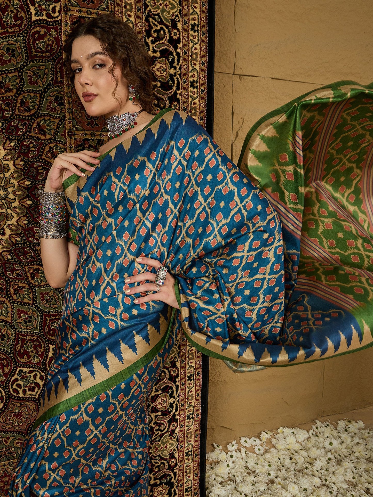 Navy Bagru Silk Blend Printed Saree