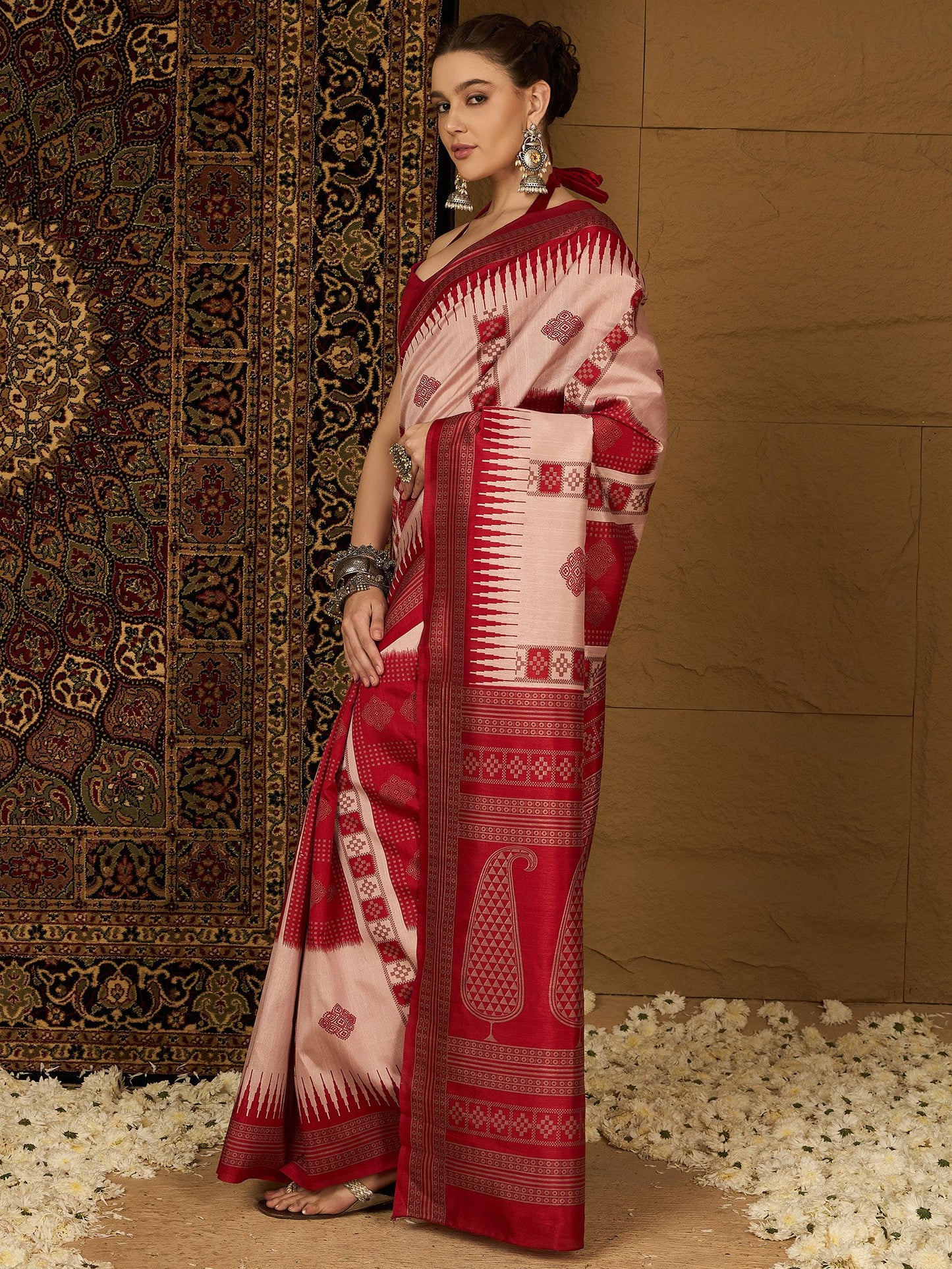 Beige Ikat Bhagalpuri Silk Printed Saree