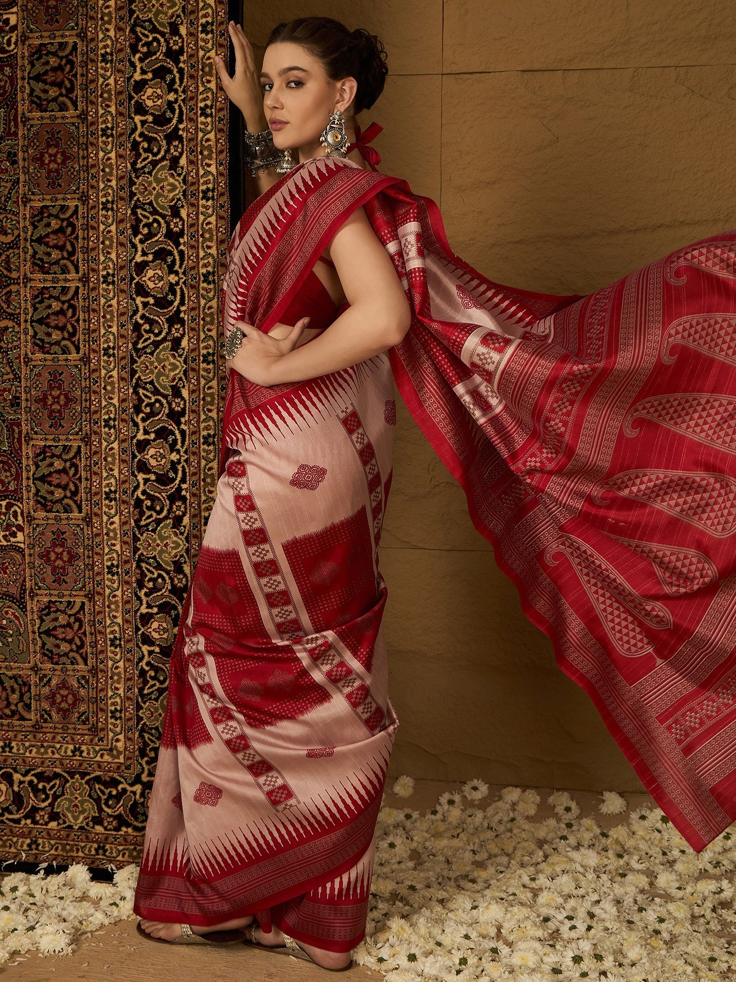 Beige Ikat Bhagalpuri Silk Printed Saree
