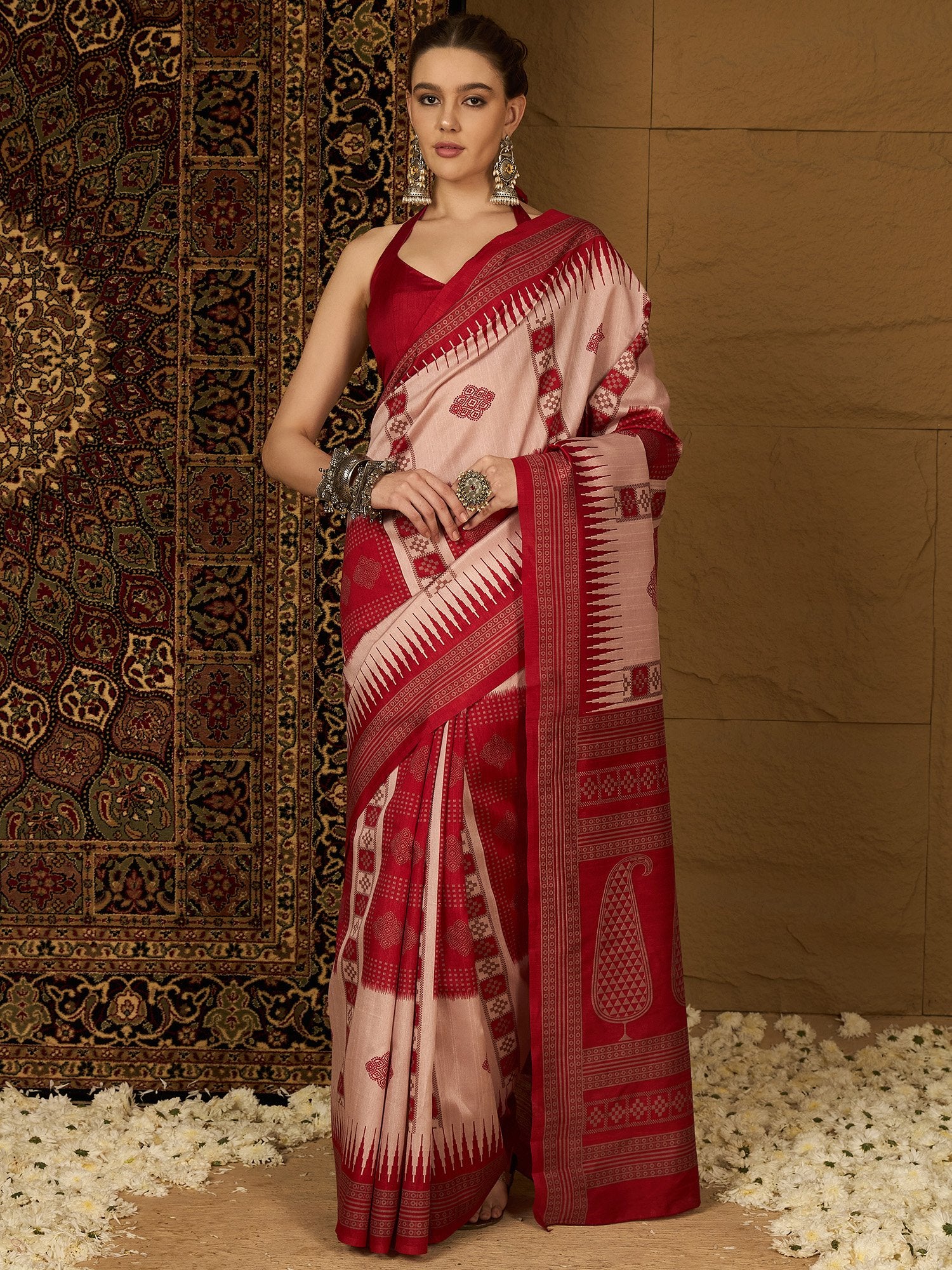 Pink Beige Ikat Bhagalpuri Silk Printed Saree