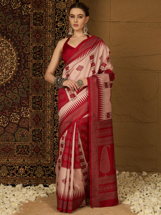 Pink Beige Ikat Bhagalpuri Silk Printed Saree