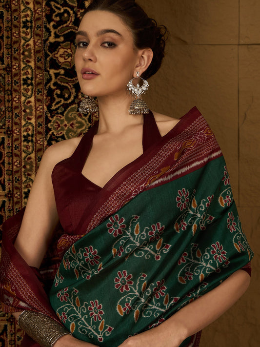 Green Green Ikat Bhagalpuri Silk Printed Saree