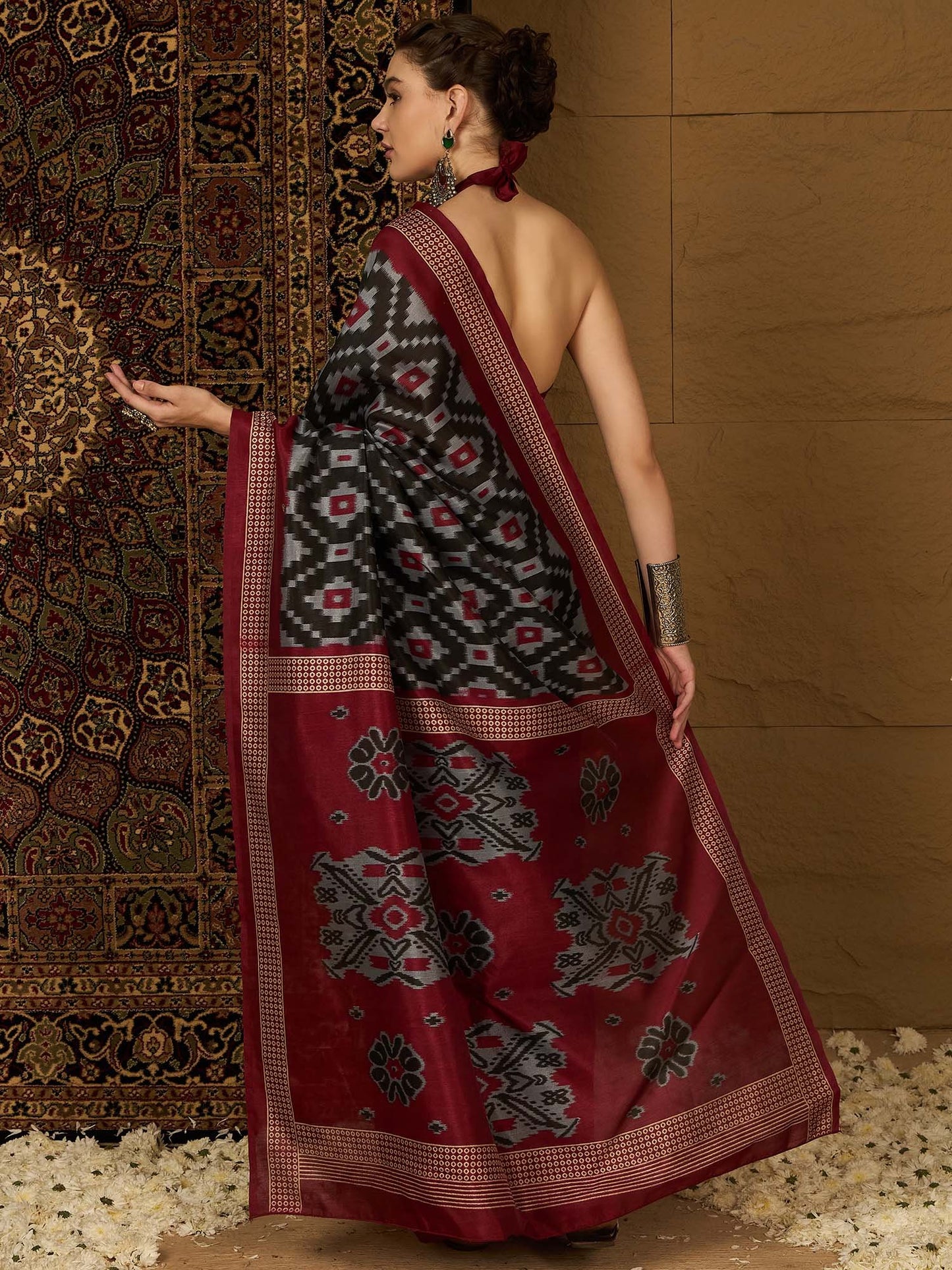 Black Ikat Bhagalpuri Silk Printed Saree