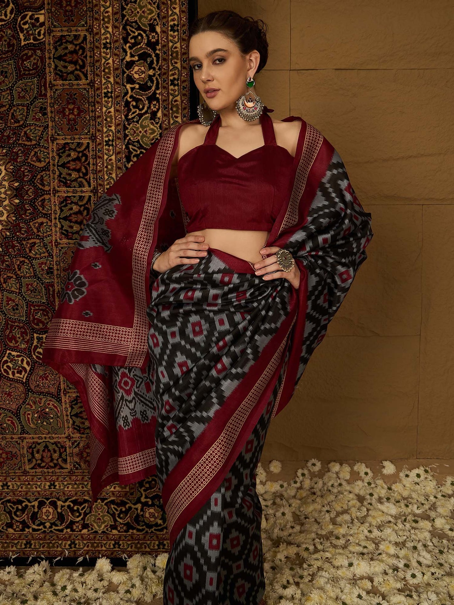 Black Ikat Bhagalpuri Silk Printed Saree