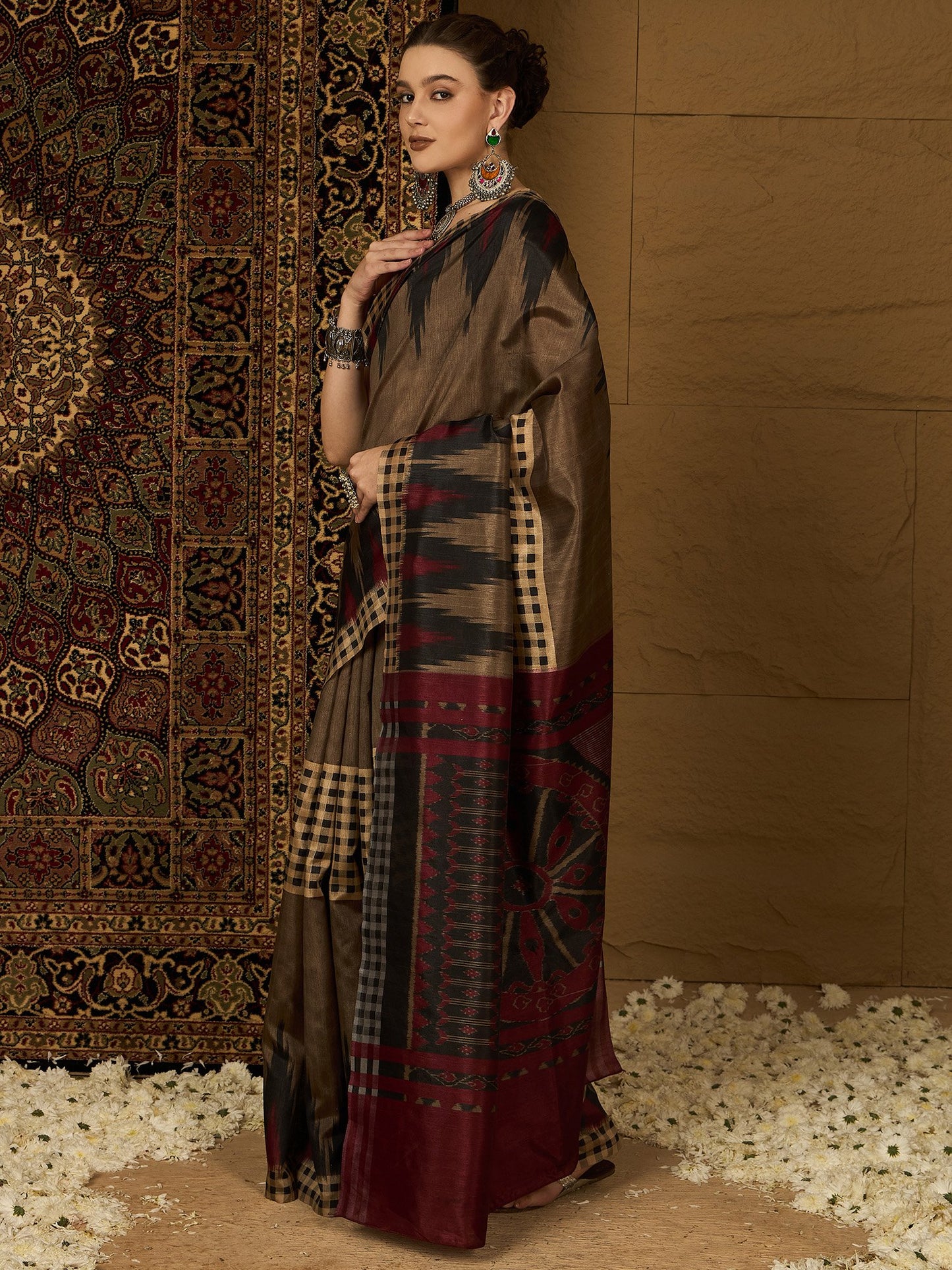 Beige Ikat Bhagalpuri Silk Printed Saree