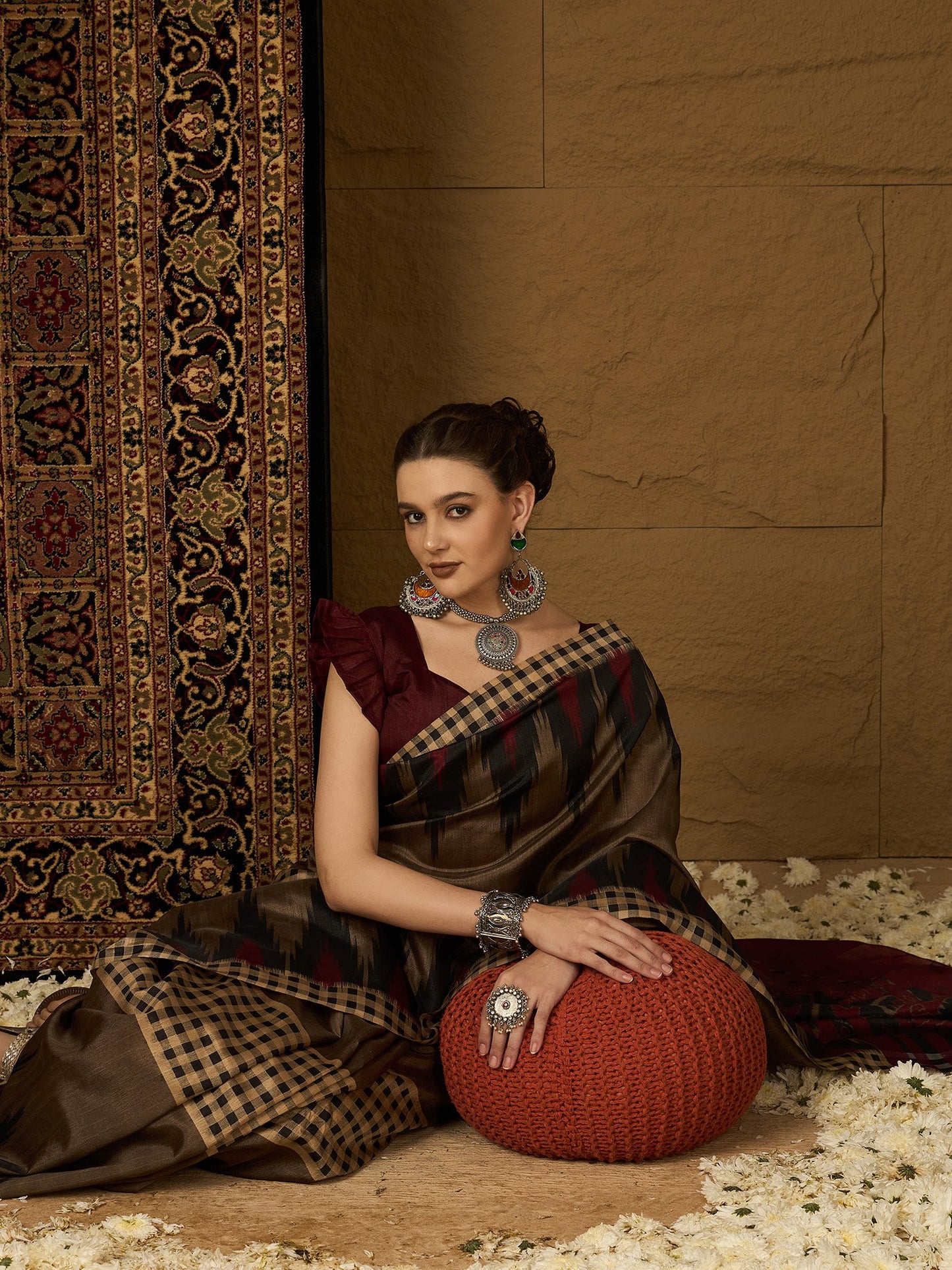 Beige Ikat Bhagalpuri Silk Printed Saree