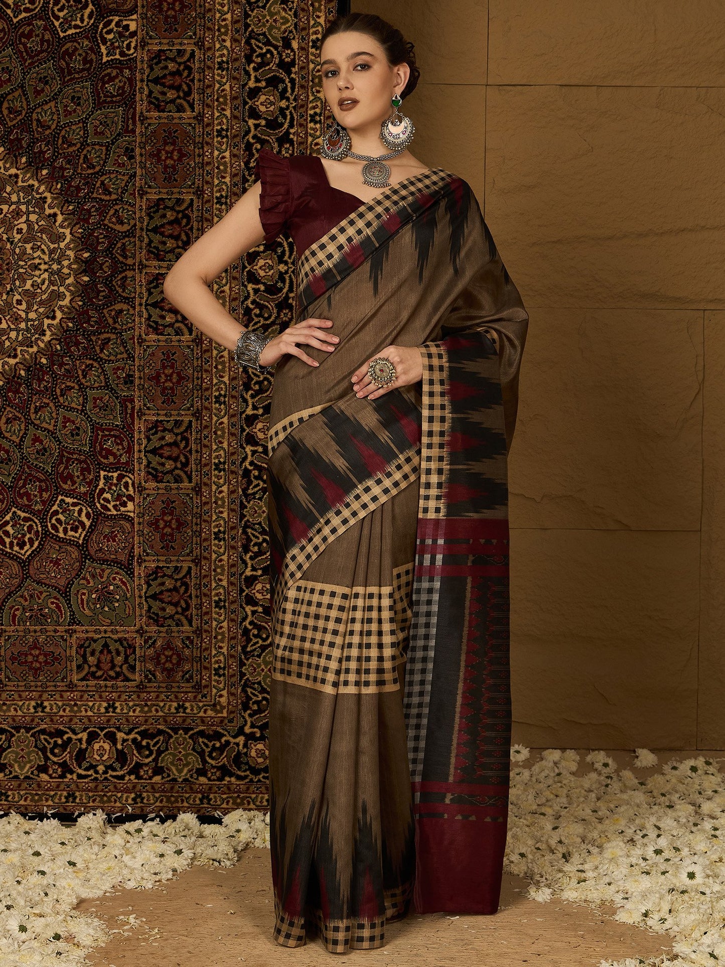 Brown Beige Ikat Bhagalpuri Silk Printed Saree