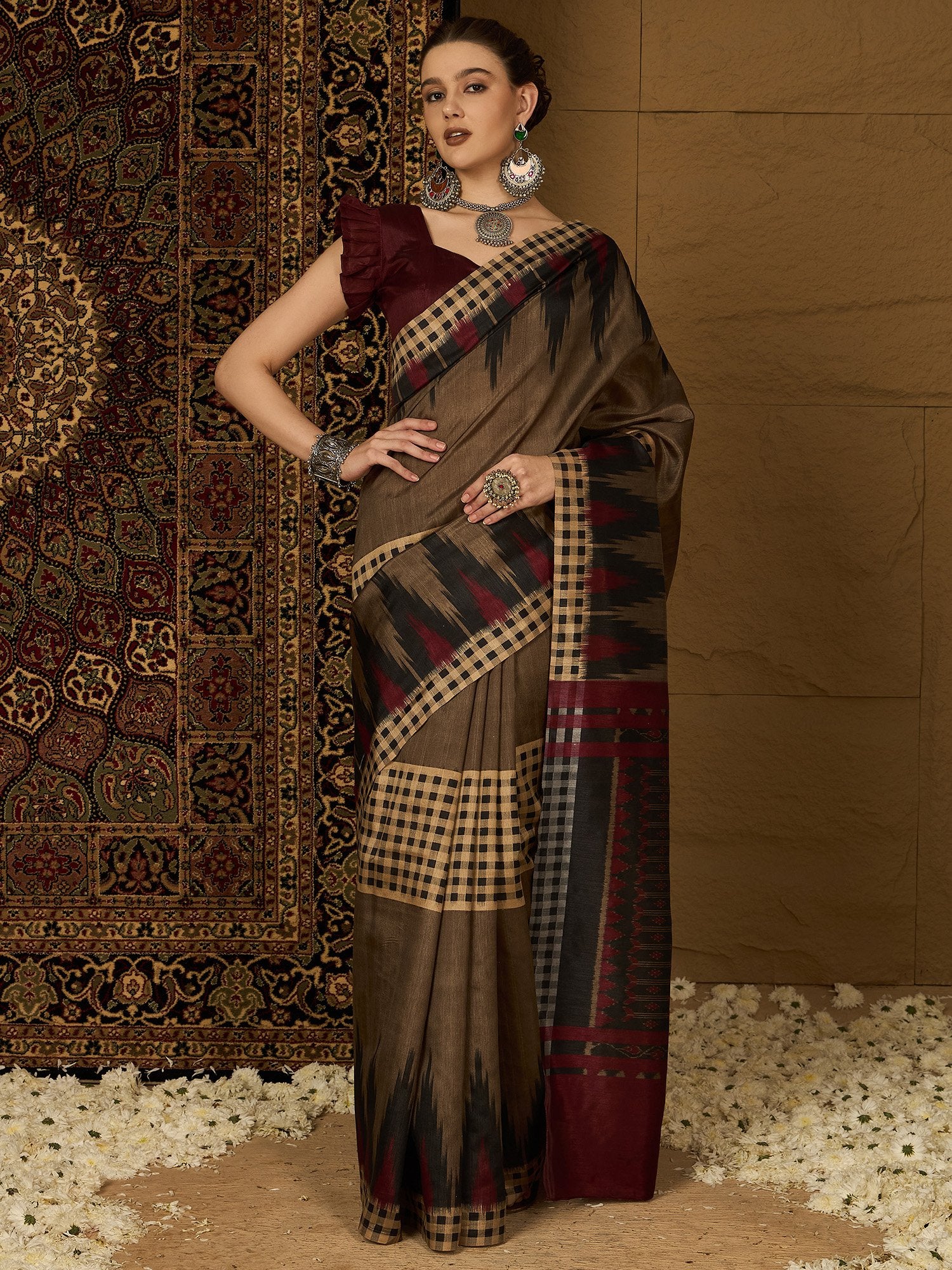 Brown Beige Ikat Bhagalpuri Silk Printed Saree