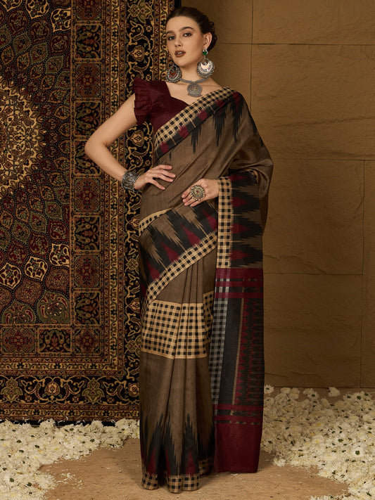 Brown Beige Ikat Bhagalpuri Silk Printed Saree