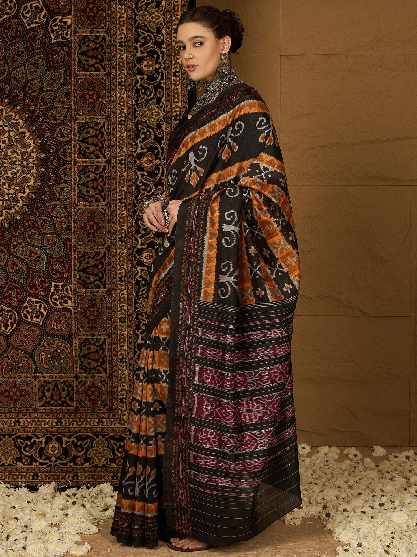 Mustard Ikat Bhagalpuri Silk Printed Saree