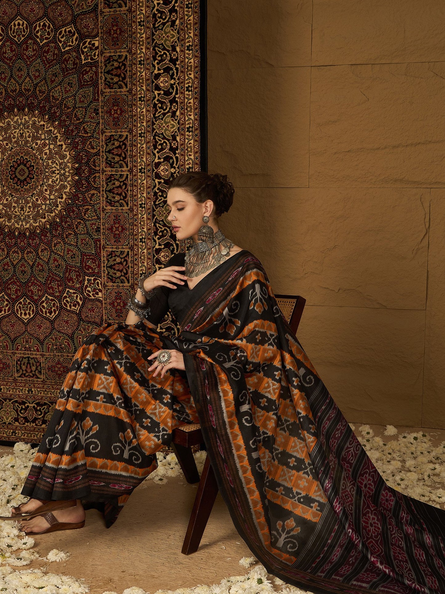 Mustard Ikat Bhagalpuri Silk Printed Saree