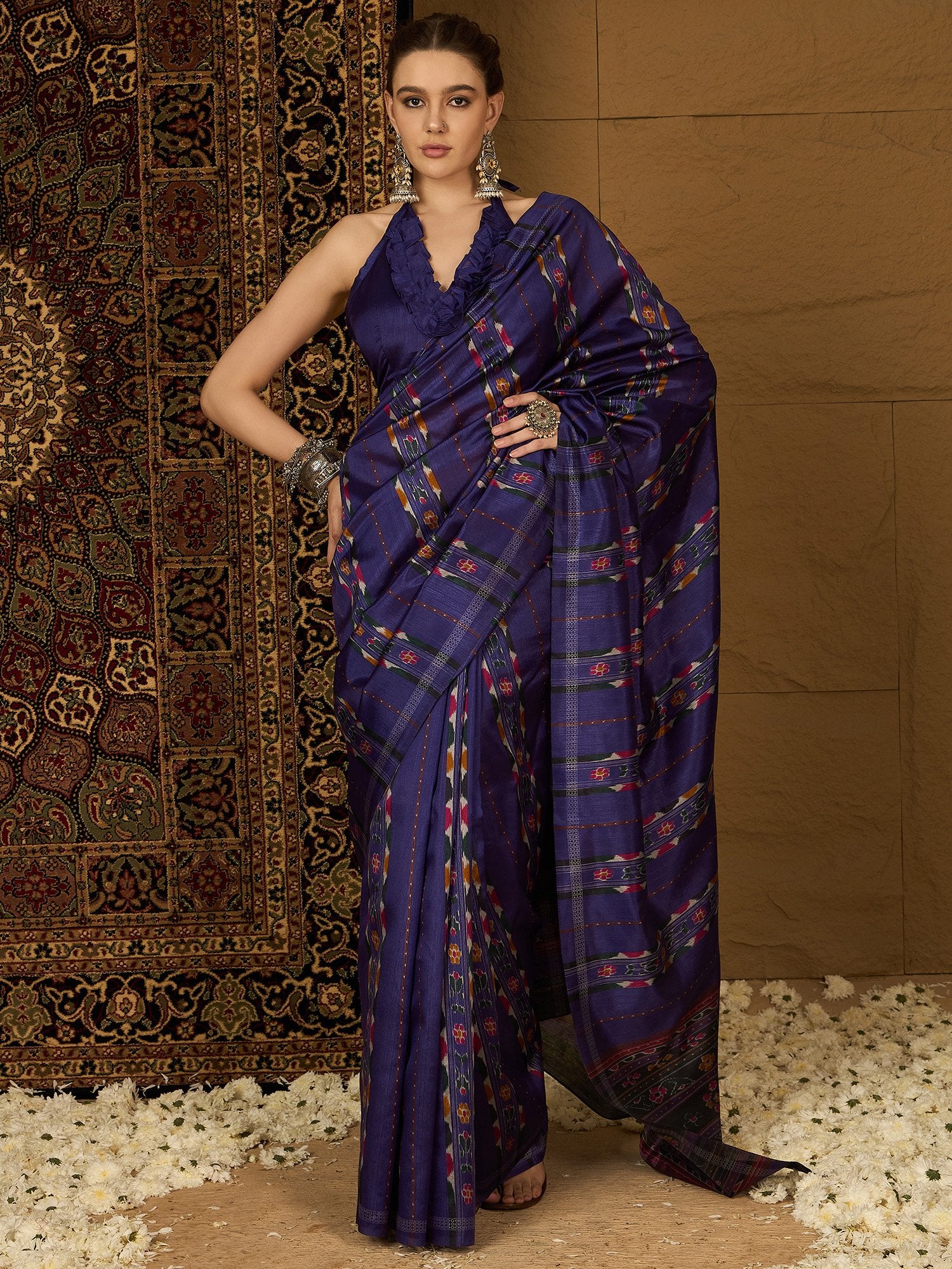 Blue Purple Ikat Bhagalpuri Silk Printed Saree