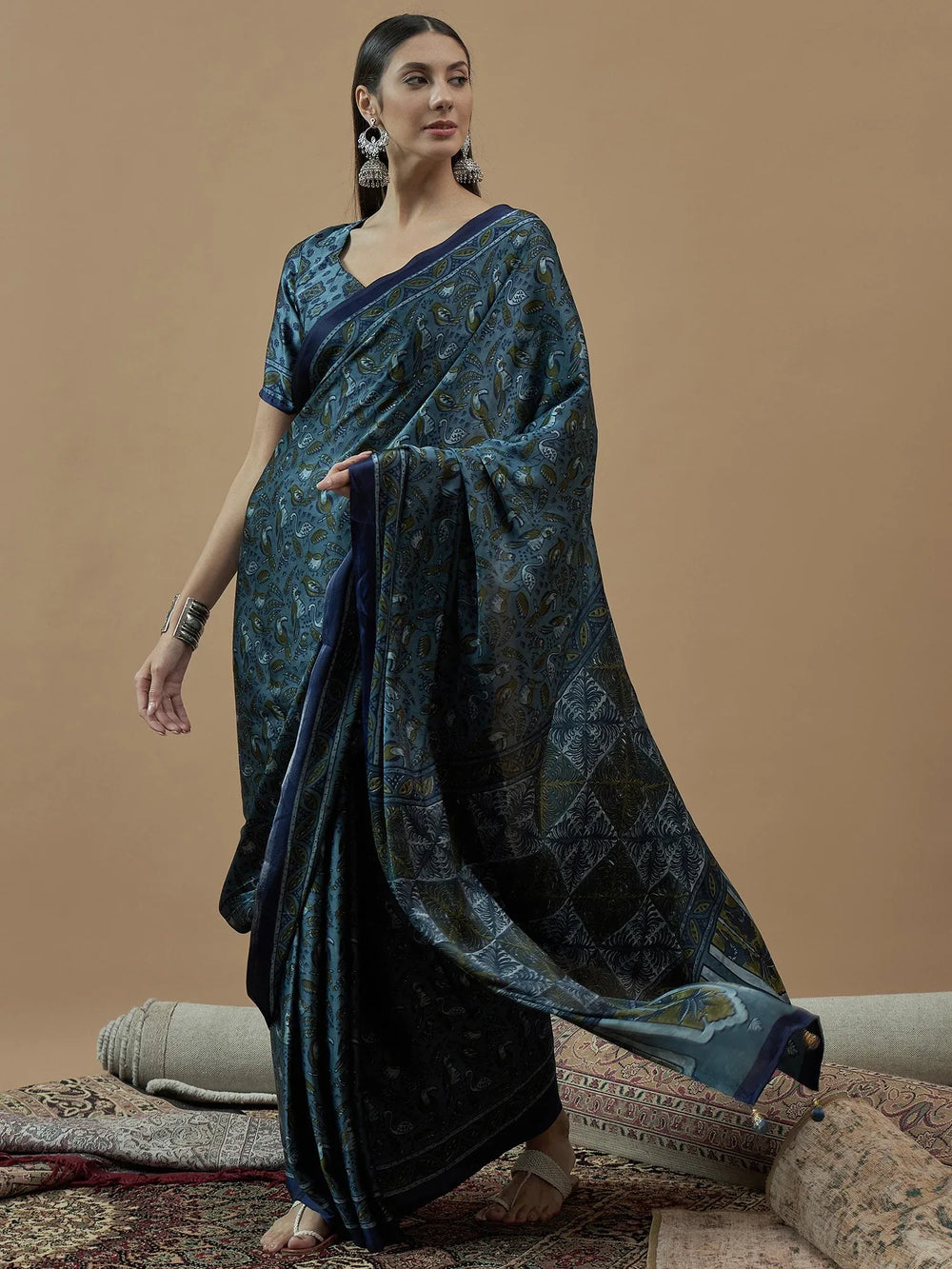Teal Blue Block Print Pure Crepe Printed Saree - The Dori Store
