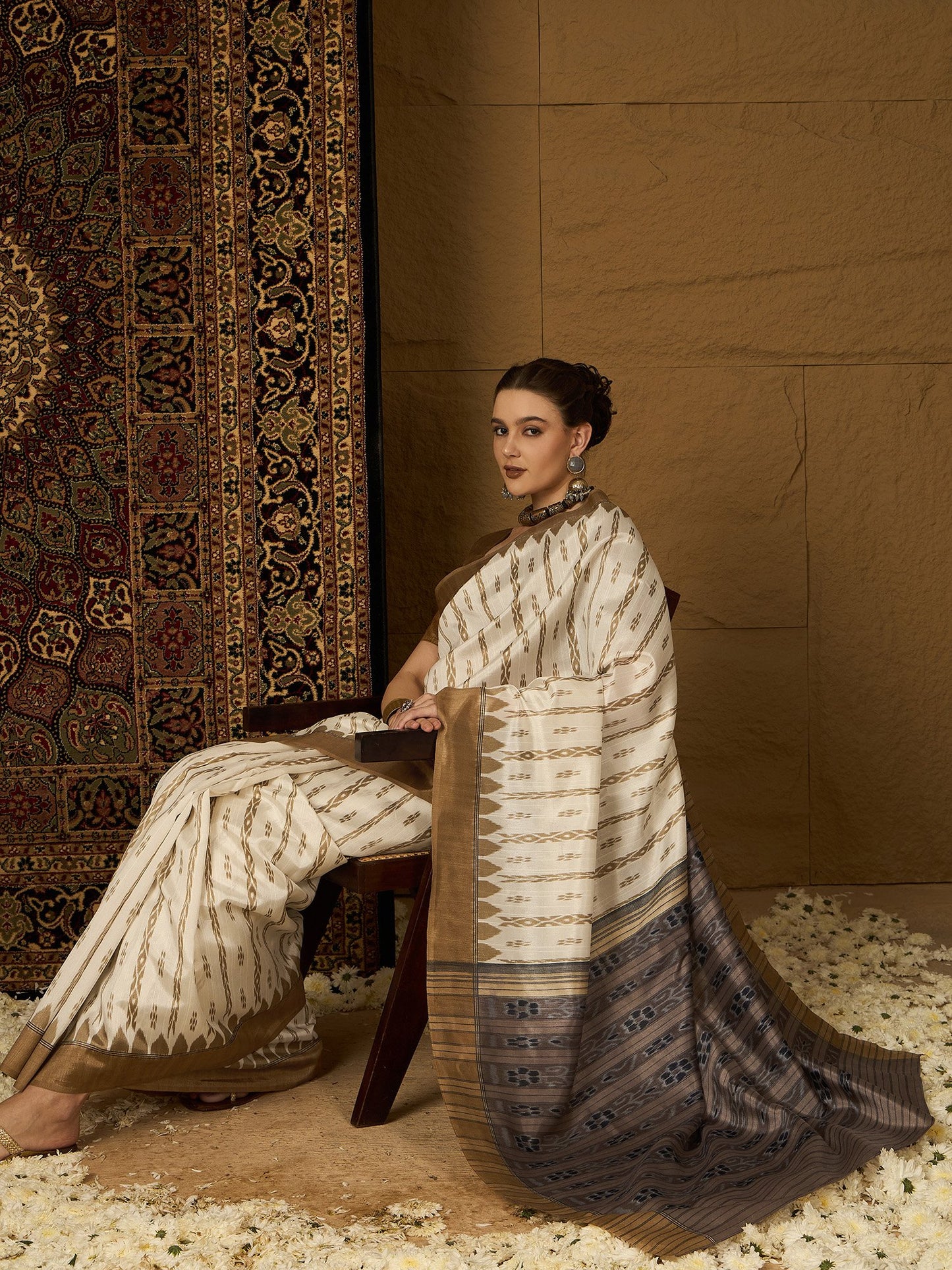 Off Ikat Bhagalpuri Silk Printed Saree