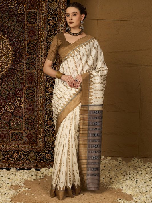 White Off Ikat Bhagalpuri Silk Printed Saree