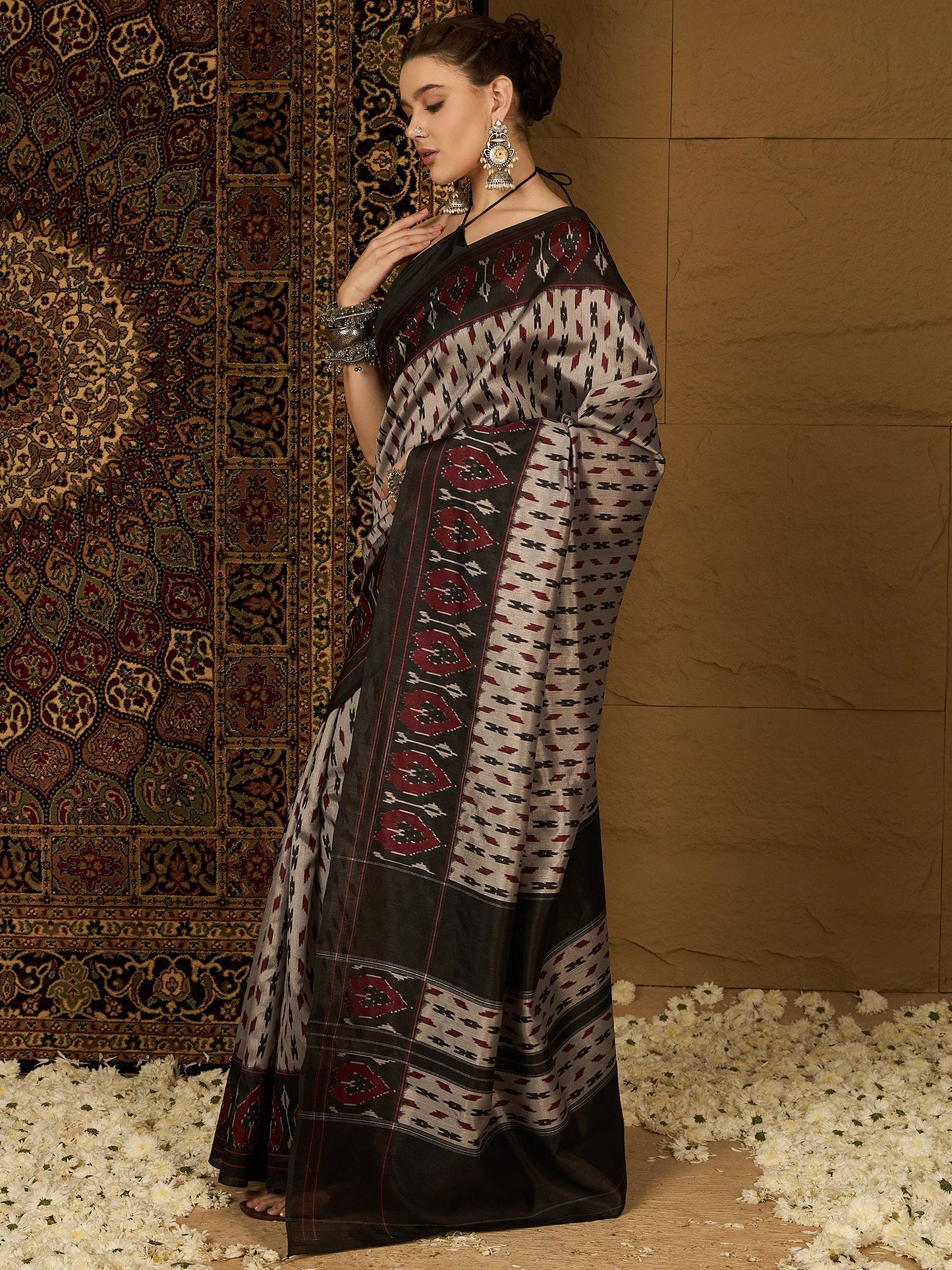 Beige Ikat Bhagalpuri Silk Printed Saree