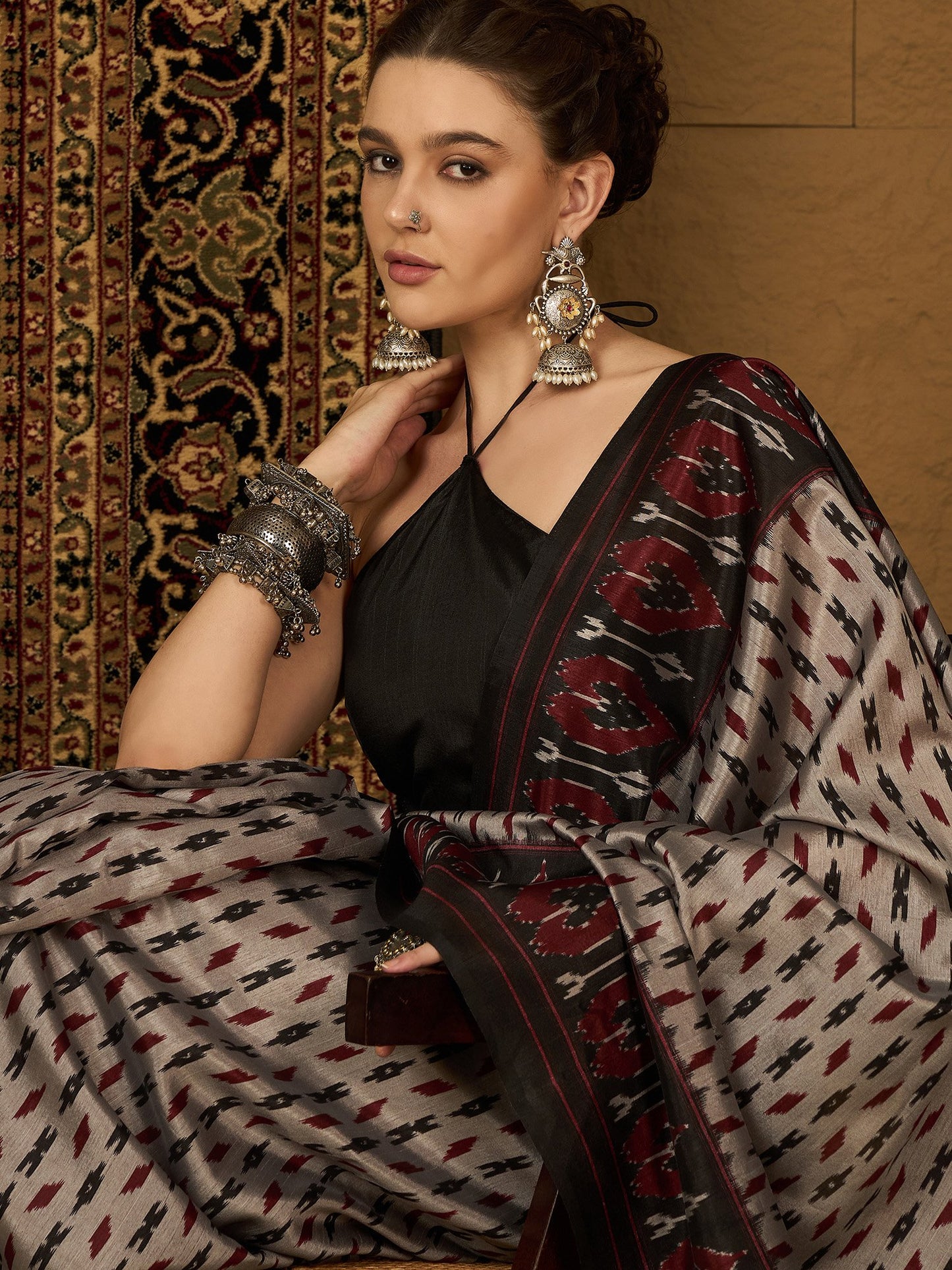 Beige Ikat Bhagalpuri Silk Printed Saree