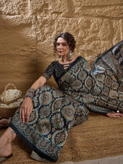 Navy Dabu Silk Blend Printed Saree - The Dori Store