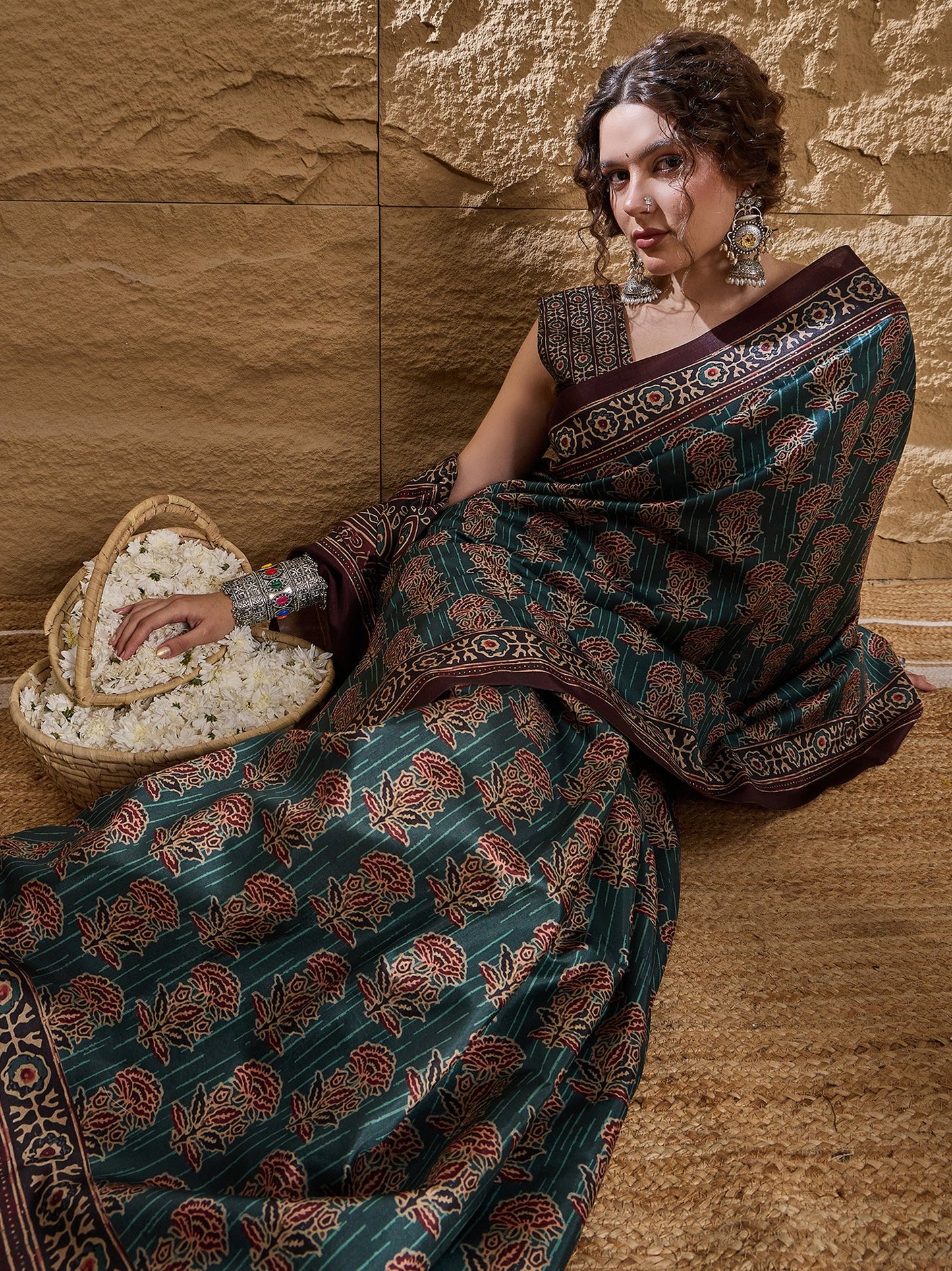 Teal Dabu Silk Blend Printed Saree
