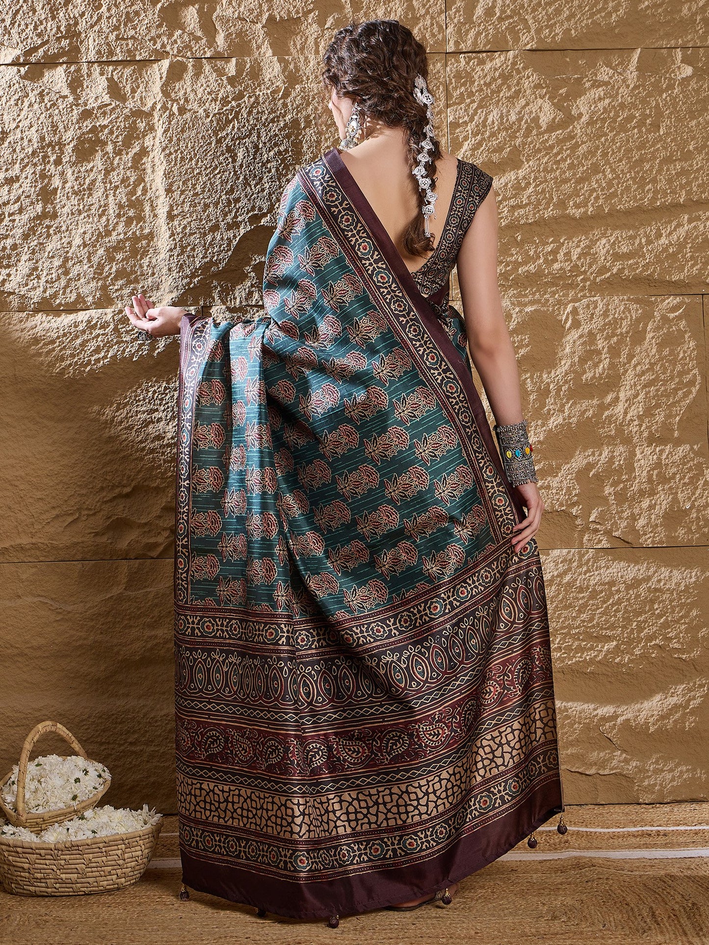 Teal Dabu Silk Blend Printed Saree