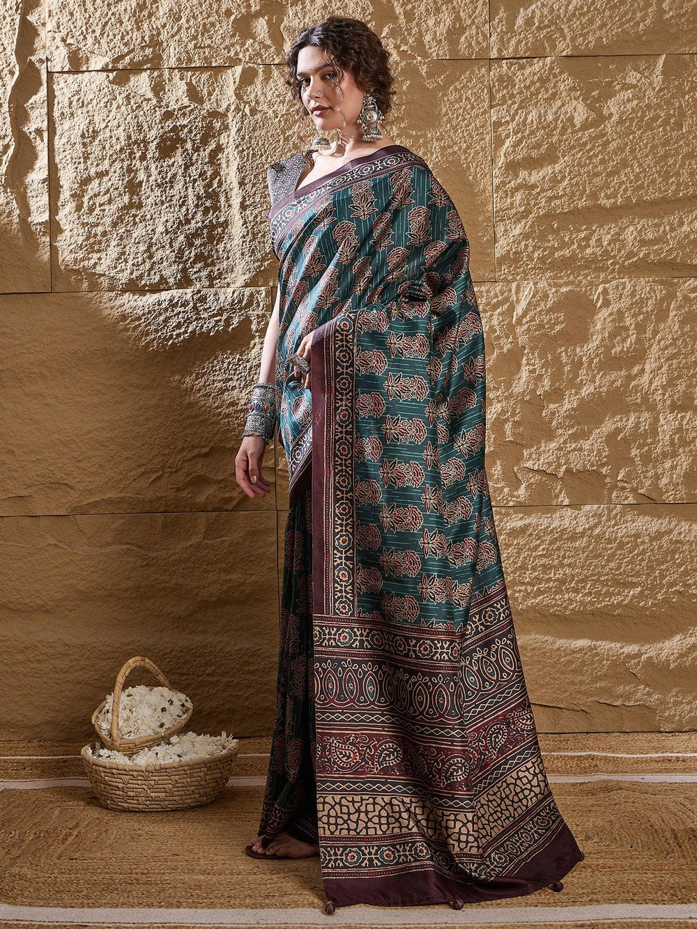 Teal Blue Dabu Silk Blend Printed Saree - The Dori Store