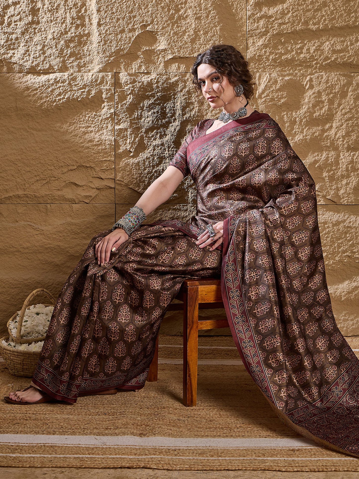 Brown Dabu Silk Blend Printed Saree