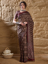Brown Dabu Silk Blend Printed Saree - The Dori Store
