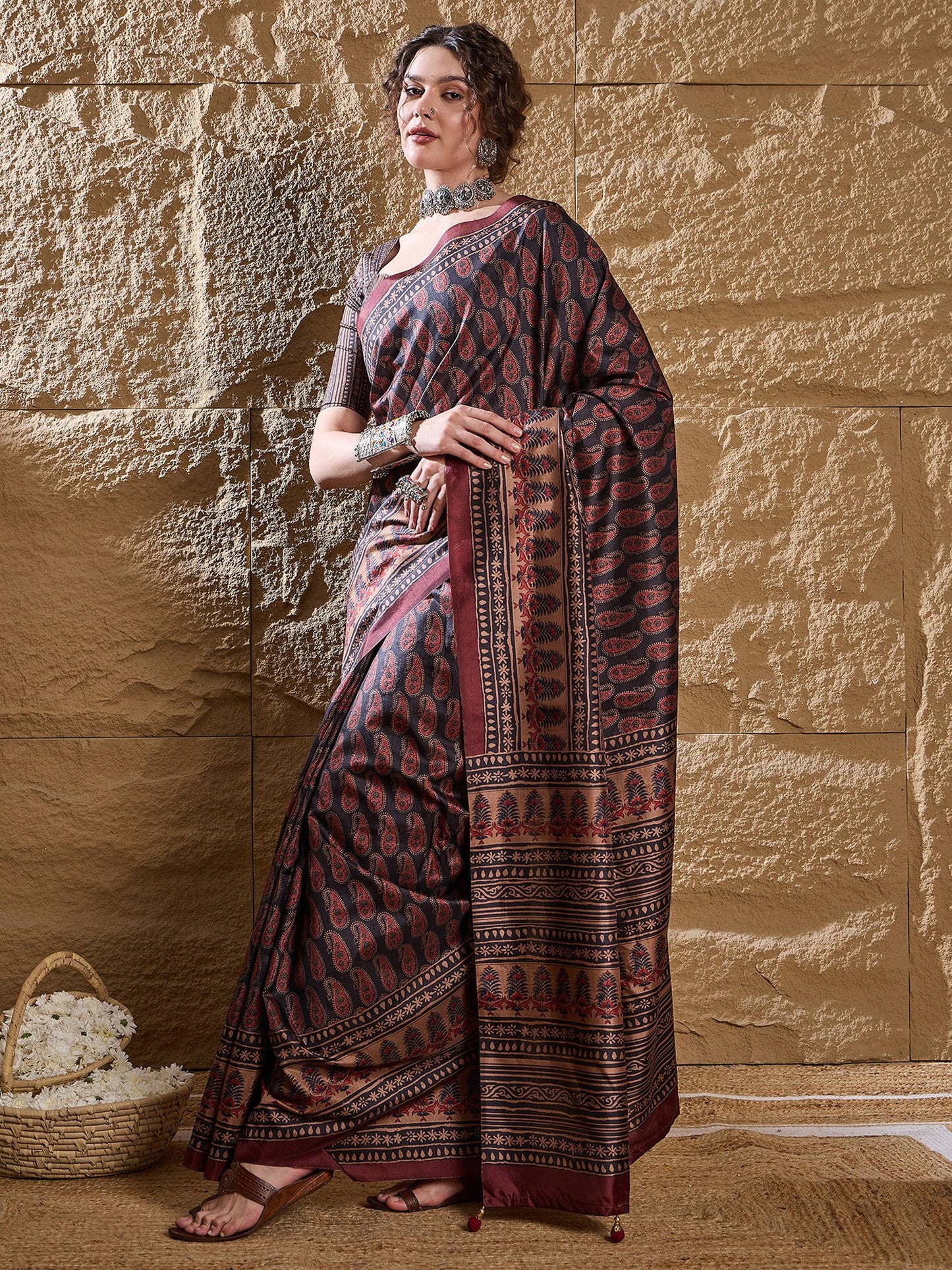 Navy Dabu Silk Blend Printed Saree