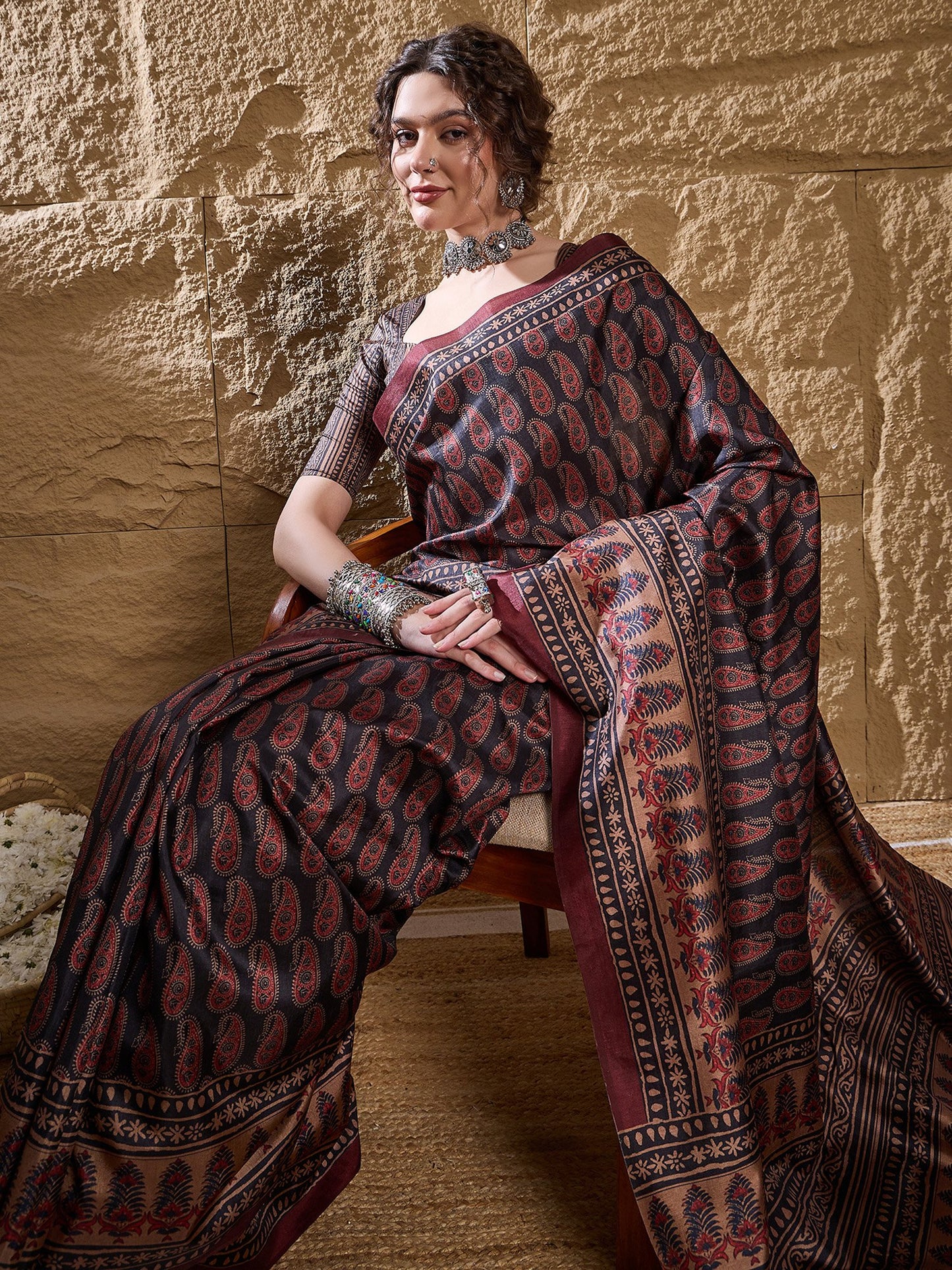 Navy Dabu Silk Blend Printed Saree