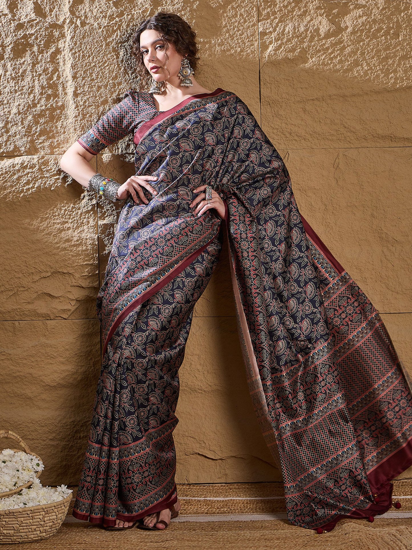 Navy Dabu Silk Blend Printed Saree