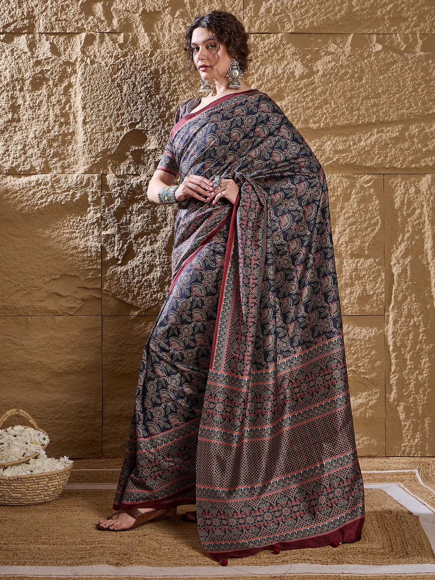 Navy Dabu Silk Blend Printed Saree