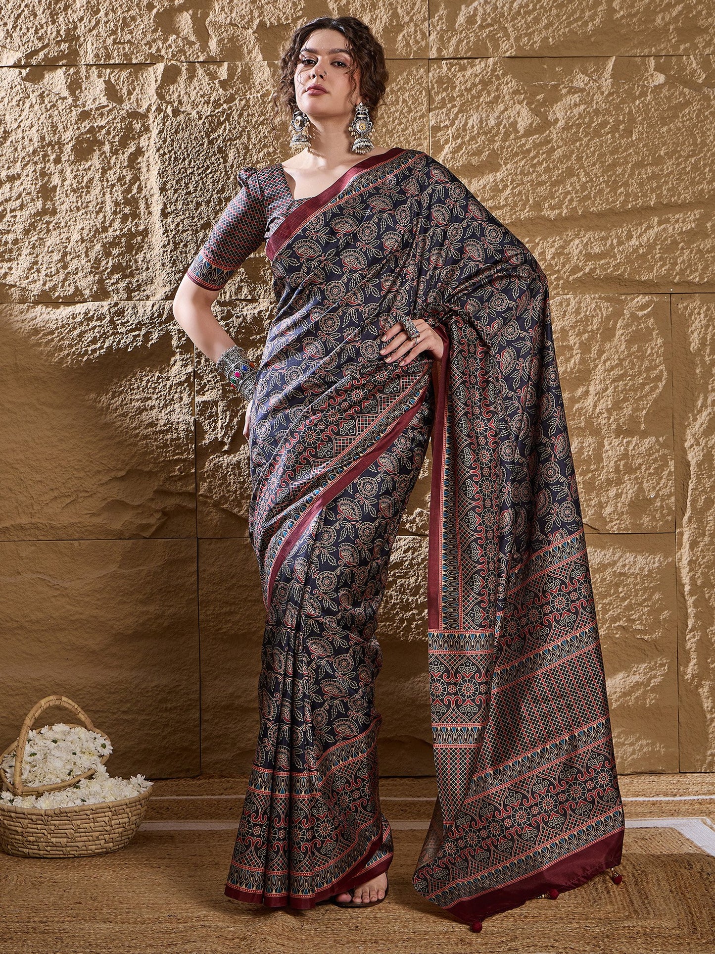 Blue Navy Dabu Silk Blend Printed Saree