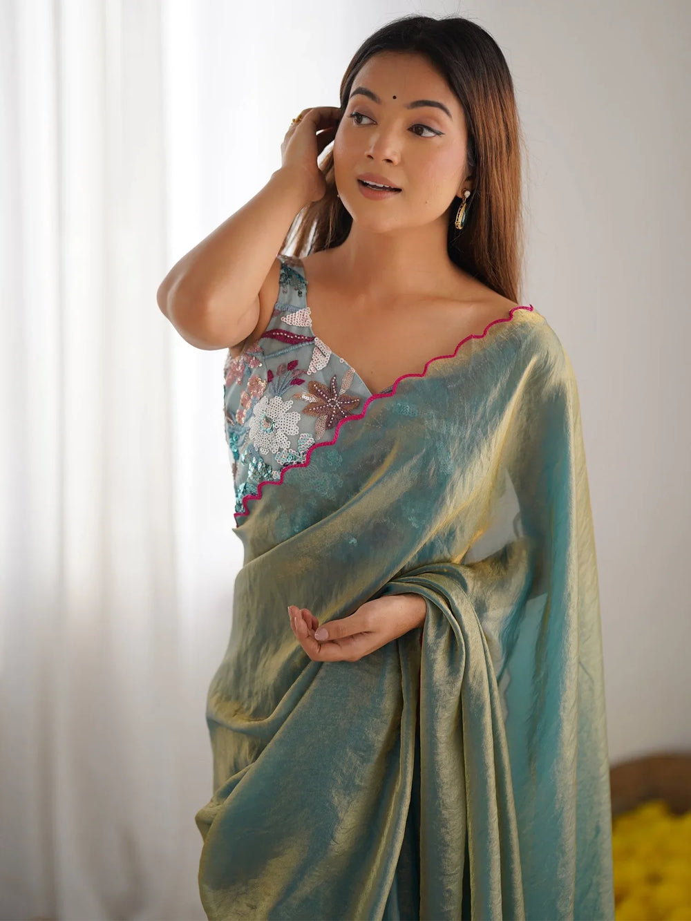 Sea Party Wear Satin Silk Embroidered Saree - The Dori Store