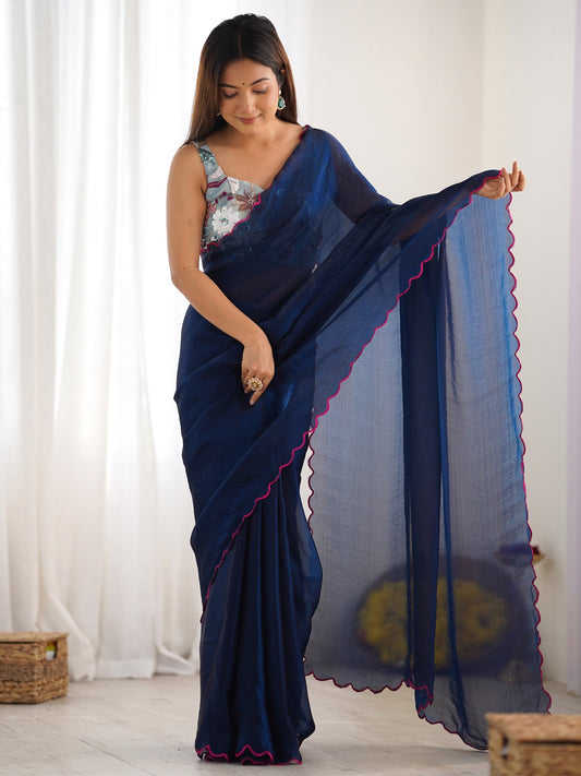 Blue Teal Party Wear Satin Silk Embroidered Saree