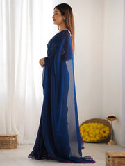 Teal Blue Party Wear Satin Silk Embroidered Saree - The Dori Store