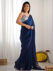 Teal Blue Party Wear Satin Silk Embroidered Saree - The Dori Store