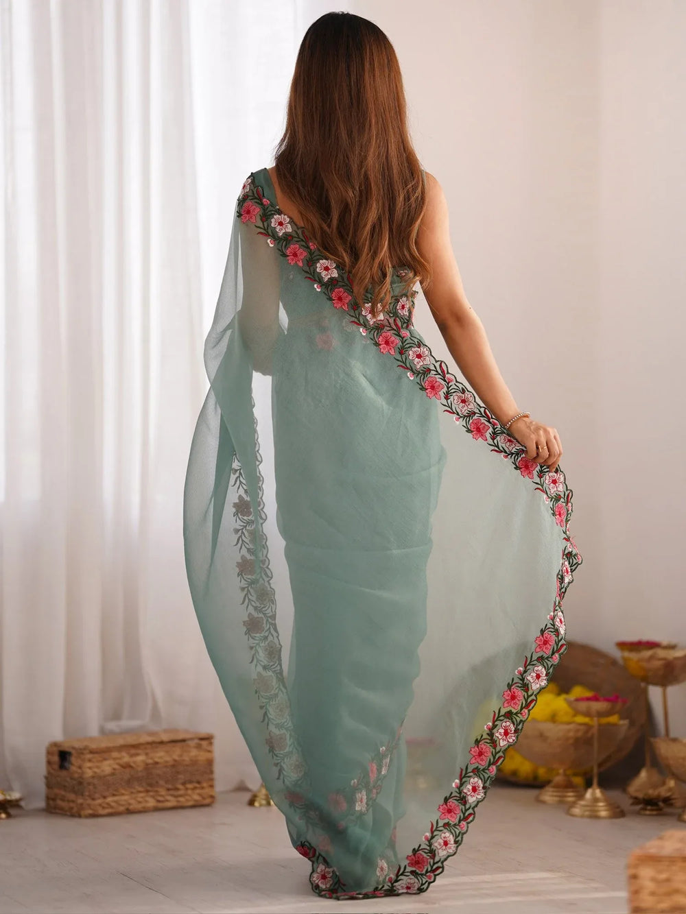 Sea Party Wear Paper Silk Embroidered Saree - The Dori Store