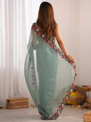 Sea Party Wear Paper Silk Embroidered Saree - The Dori Store