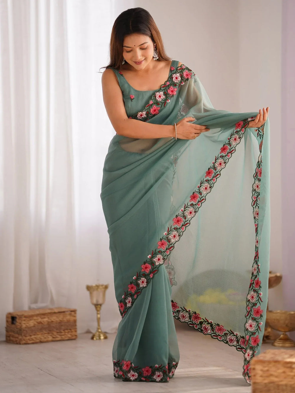Sea Party Wear Paper Silk Embroidered Saree - The Dori Store