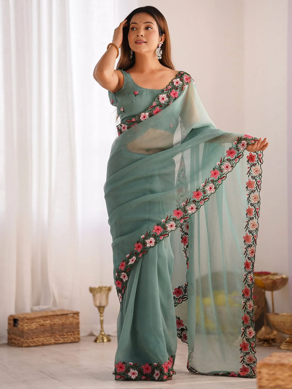 Sea Party Wear Paper Silk Embroidered Saree - The Dori Store