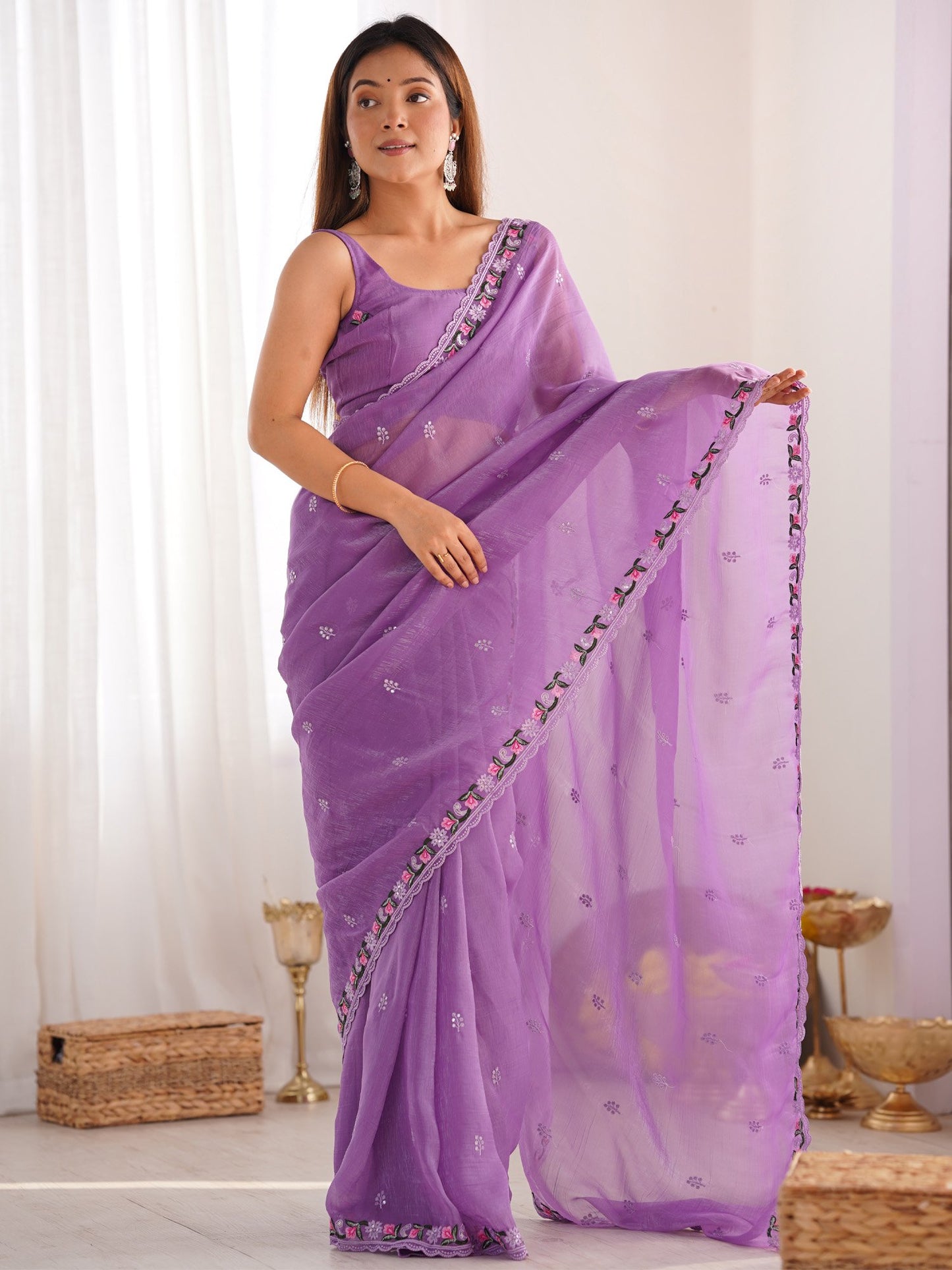 Lavender Lavendar Party Wear Paper Silk Embroidered Saree