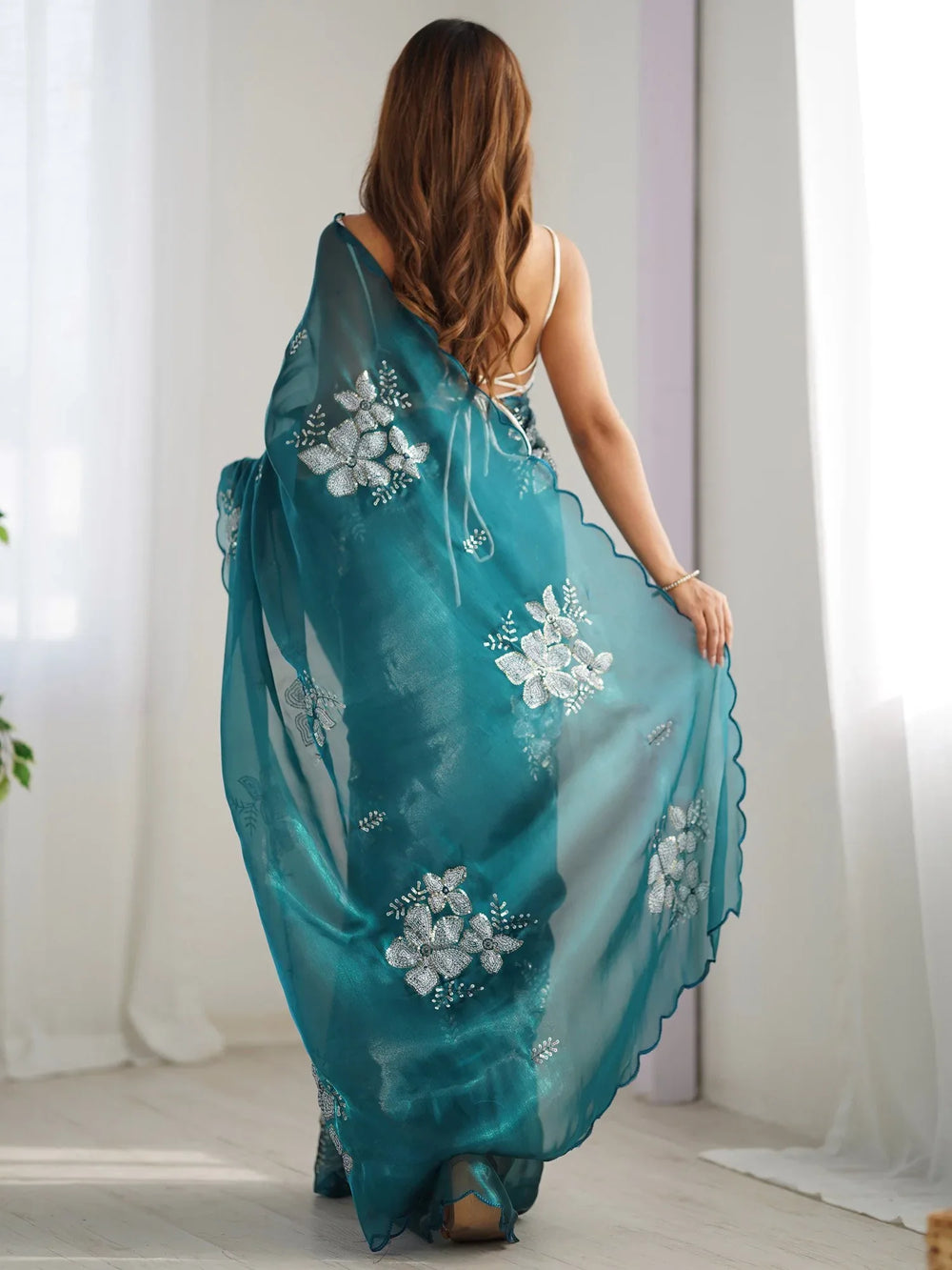 Teal Blue Party Wear Organza Embellished Saree - The Dori Store