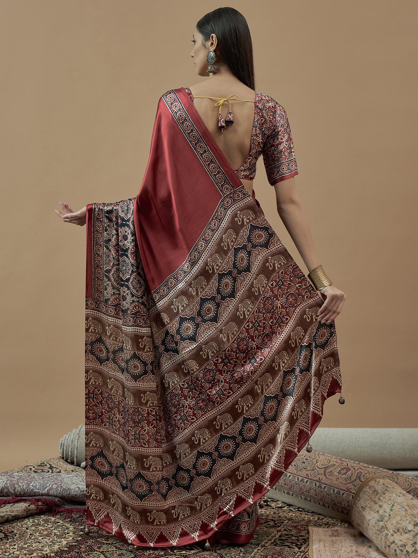 Maroon Block Print Crepe Printed Saree